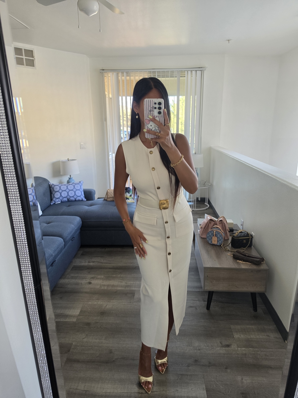 Zara Cream Button-Front Midi Dress with Gold Accents - Picture 14 of 17